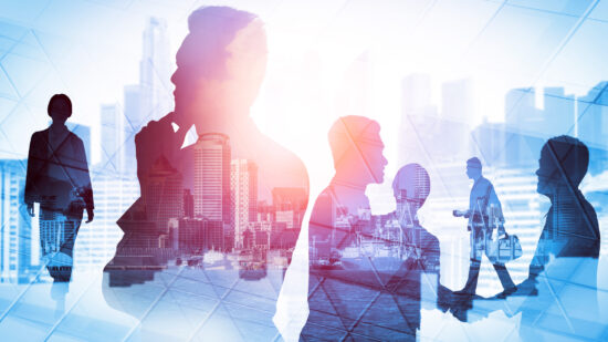 Abstract image of many business people together in group on background of city