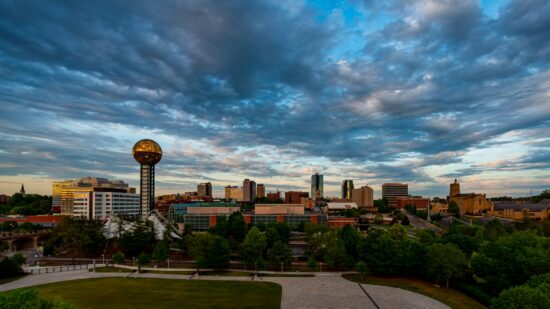 Late afternoon view of Downtown Knoxville and World's Fair Park, including the Sunsphere and Convention Center. The clouds were creating a pretty pattern and colors, just before sunset.